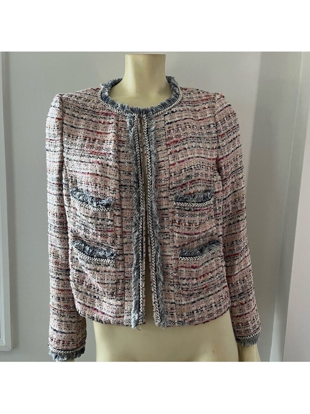 525 America Women’s Pink Cream Gold Tweed Fringe Jacket Blazer BohoGlam Barbie M